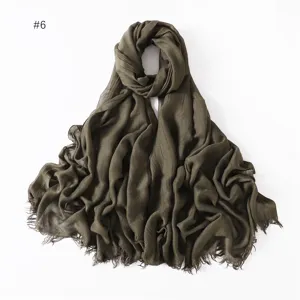 Solid dark green cotton modal scarf with frayed edges elegant lightweight breathable wrap