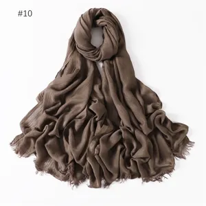 Brown solid color modal cotton scarf, lightweight breathable shawl with short fringe, detail view.