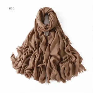 Brown modal cotton scarf detail, lightweight breathable solid shawl with fringe edge.