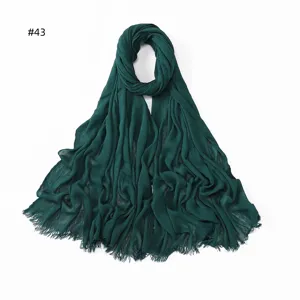 Women solid color wrinkled rayon hijab scarf with tassel fringe breathable soft daily wear