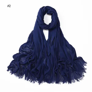 Solid color rayon wrinkled scarf with soft tassel design, breathable women shawl.