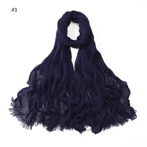 Navy blue 100% rayon crinkle scarf for women, soft solid color fringe headscarf new.