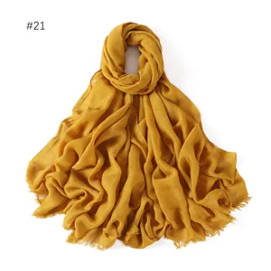 Mustard yellow cotton modal scarf with short fringe casual lightweight solid color shawl for women