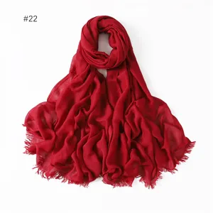 Red modal cotton scarf with fringe, lightweight solid color breathable shawl for women.
