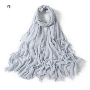 Light Blue Rayon Wrinkled Scarf, Soft Breathable Fringed Solid Color Variant Number 6