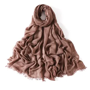 Solid color cotton linen breathable scarf with short fringe, elegant draped main view.