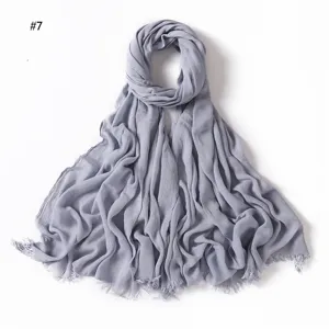 Solid color rayon wrinkled scarf for women with tassel ends, breathable soft hijab style scarf #7