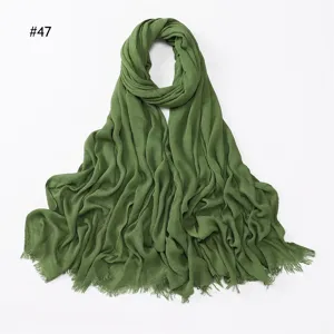 Green crinkled solid color rayon scarf lightweight soft breathable hijab fringe accessory