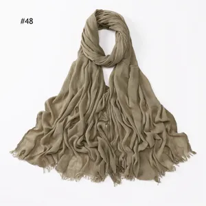 Women Solid Crinkled Rayon Fringe Scarf Hijab Breathable Soft Variant #48 Khaki Color
