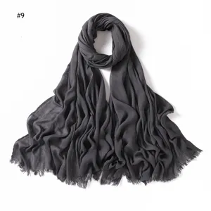 Dark grey crinkled rayon scarf with frayed ends, soft breathable solid color women hijab