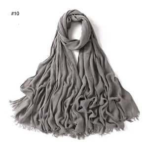 Solid color crinkled rayon scarf, soft breathable long modal headscarf with frayed ends.