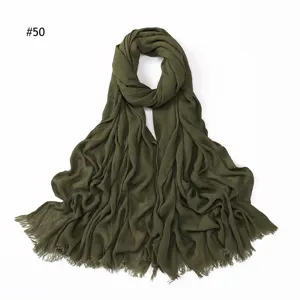 Women solid crinkled rayon scarf with fringed ends breathable soft lightweight olive green