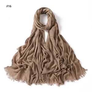 Women solid color pleated rayon scarf with tassel ends, soft breathable hijab wrap shawl.