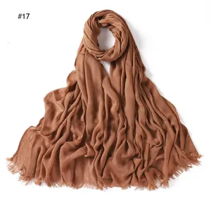 Solid brown rayon pleated scarf with fringed ends, soft and breathable daily headscarf.