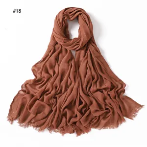 Women solid color crinkled rayon scarf with tassels, soft breathable fashion hijab.