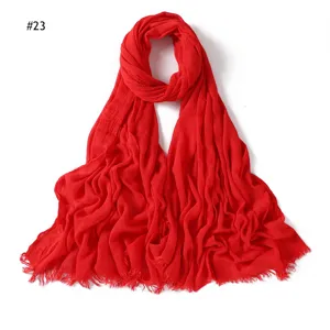 Red rayon pleated scarf with tassels, soft and breathable, perfect for women's daily wear.