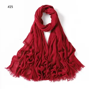 Red crinkle rayon scarf for women, solid color soft breathable headscarf with fringe ends.