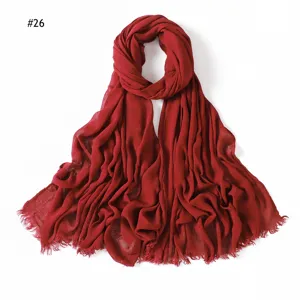 Red Rayon Crinkle Scarf Solid Color Soft Lightweight Breathable Tassel Neck Wrap For Women