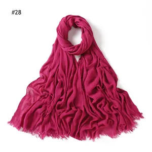 Women's Wrinkled Solid Color Rayon Scarf Rose Red Tasselled Breathable Soft Headscarf