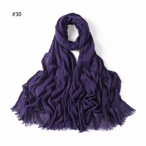 Solid color dark purple rayon scarf with wrinkled texture and fringe ends for women daily