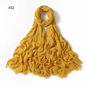 Solid color rayon scarf for women with pleated design and frayed fringe ends soft breathable