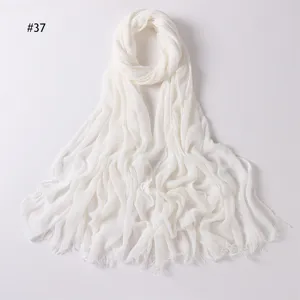 White solid color rayon crinkled scarf with fringe edge, soft and lightweight daily wear