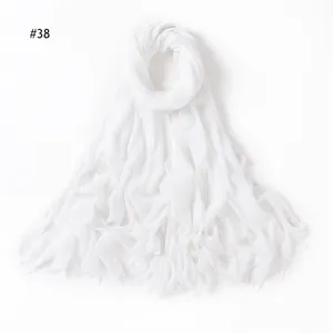 White wrinkled rayon scarf for women, solid color soft breathable lightweight fringe shawl.