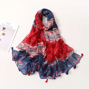 Bohemian Red Blue Floral Print Scarf Tassels Decorative Shawl Cotton Viscose Fashion Long Scarf For Women
