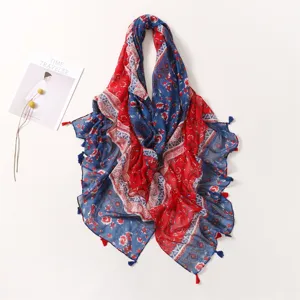 Bohemian red and blue contrast floral print tassel scarf stylish decorative shawl