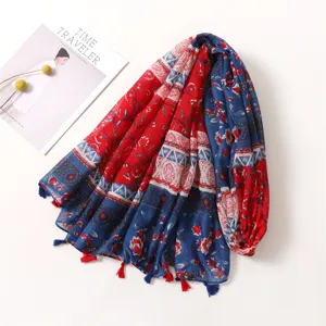 Bohemian Floral Red Blue Print Scarf Tassel Lightweight Fashion Decorative Shawl Detail View