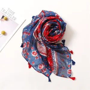 Bohemian red blue floral printed tassel scarf stylish wrap shawl lightweight accessory woman