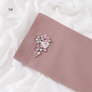 Exquisite rhinestone floral chiffon scarf detail, handmade crystal embellishment, soft style.
