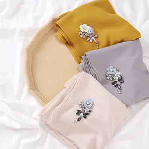 High quality solid color chiffon hijab scarf with luxury rhinestone flower and insect decor.