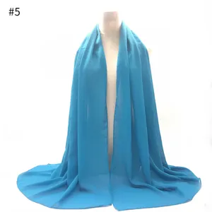 Blue chiffon scarf hijab shawl for women lightweight breathable head cover solid color style.