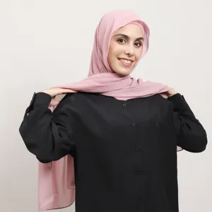 Solid color chiffon hijab long scarf with inner cap and black long sleeve shirt set