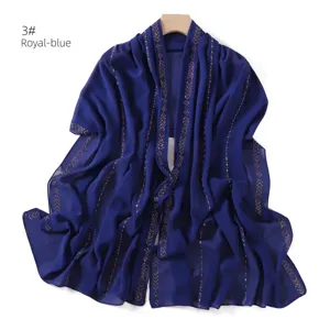 Royal blue chiffon scarf with sparkling rhinestone chains, elegant long shawl for women.