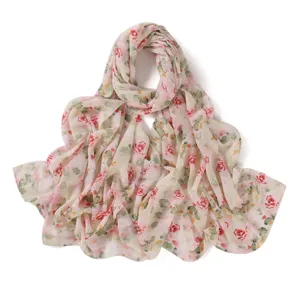 Sciarpa in chiffon floreale da donna, elegante scialle lungo con stampa di rose, foulard.