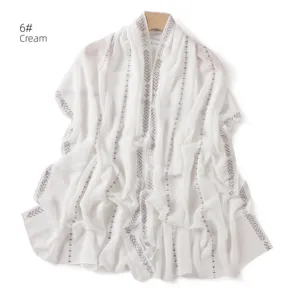 White chiffon shawl with crystal rhinestone chains, elegant cream cape scarf for women.