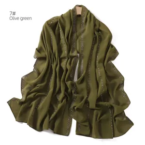 Olive green chiffon hijab scarf with silver rhinestone chains for women daily shawl.