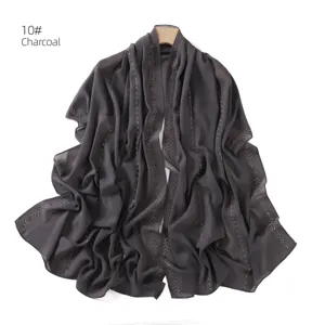 Chiffon scarf with sparkling rhinestones, elegant charcoal long shawl and head wrap for women.