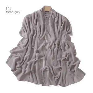 Grey chiffon rhinestone chain detailed long scarf shawl, elegant wrap for daily wear.