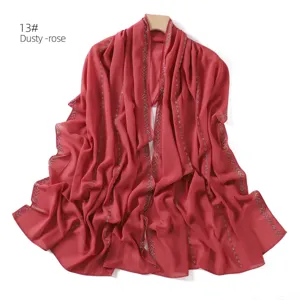 Chiffon scarf shawl with rhinestone chain trim, elegant long headscarf in dusty rose.