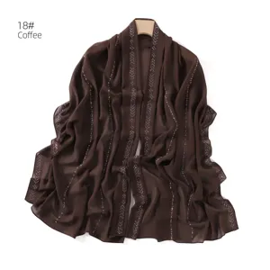 Brown chiffon rhinestone scarf shawl with sparkling crystal chains for women elegant daily wear