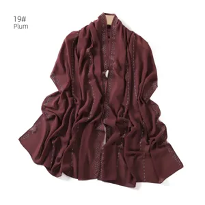 Plum chiffon hijab scarf with rhinestone chain details for women lightweight shawl wrap.