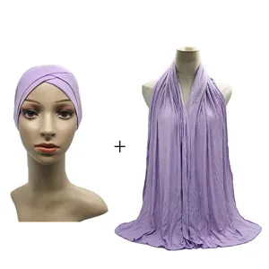 Modal stretch undercap and oversized scarf combo set, light purple hijab headwear.