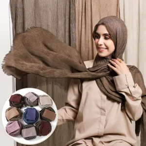 Handmade Vintage Solid Color Rayon Wrinkled Fringed Long Scarf With Matching Elastic Bucket Hat Set Women Fashion Scarf