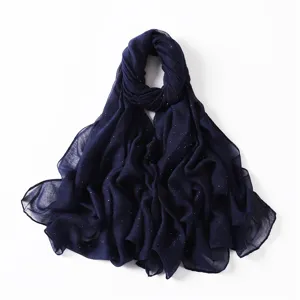 Elegant navy blue glitter viscose scarf, lightweight cotton linen hijab and shawl for women.