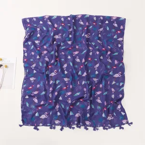 Sciarpa stampa fenicottero viola nappine elegante scialle foglie tropicali leggero