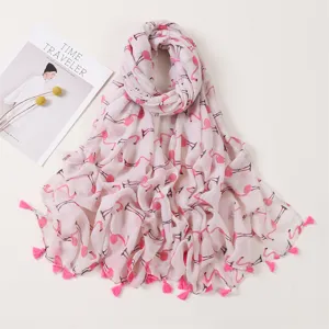 Pink flamingo print tassel scarf lightweight fashion wrap for women summer daily wear