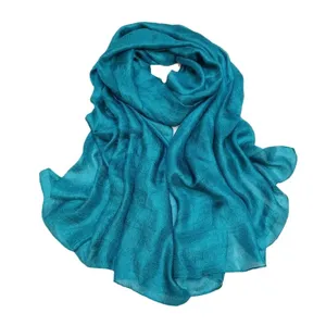Écharpe châle unie turquoise douce en soie artificielle lin grand format foulard